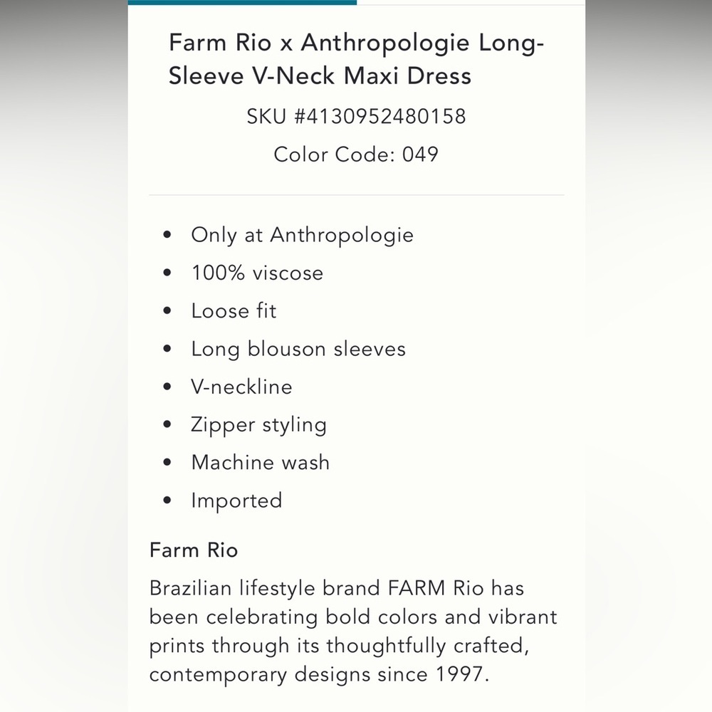 💃🏻RARE💃🏻 Farm Rio x Anthropologie Long-Sleeve V-Neck Maxi Dress size S. - Picture 7 of 10